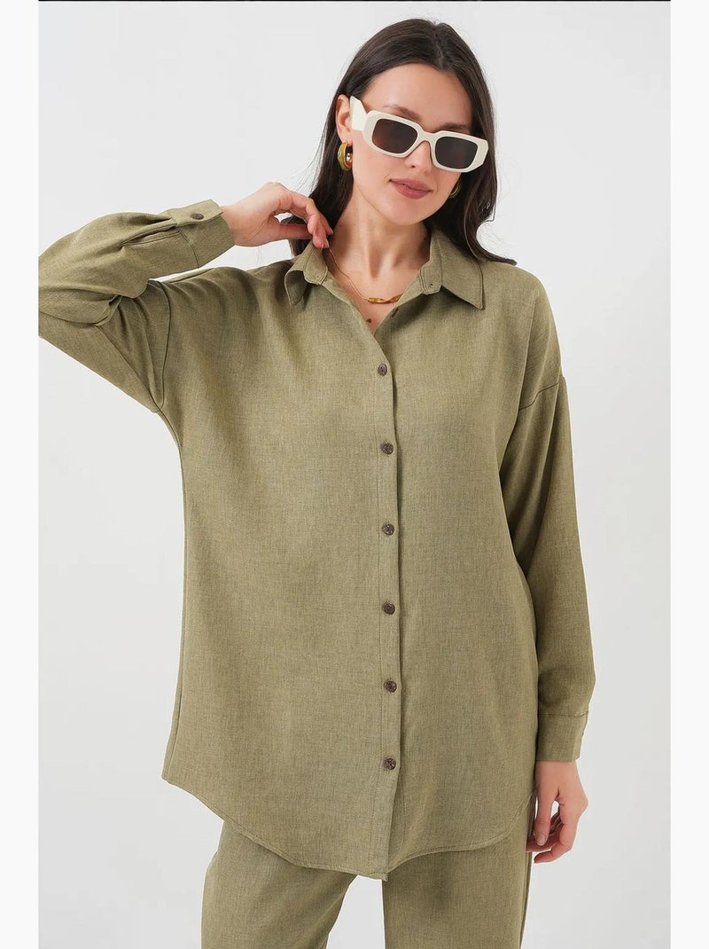 Set coordinato in misto lino con camicia a maniche lunghe e pantaloni bdart Cachi - Kiabi