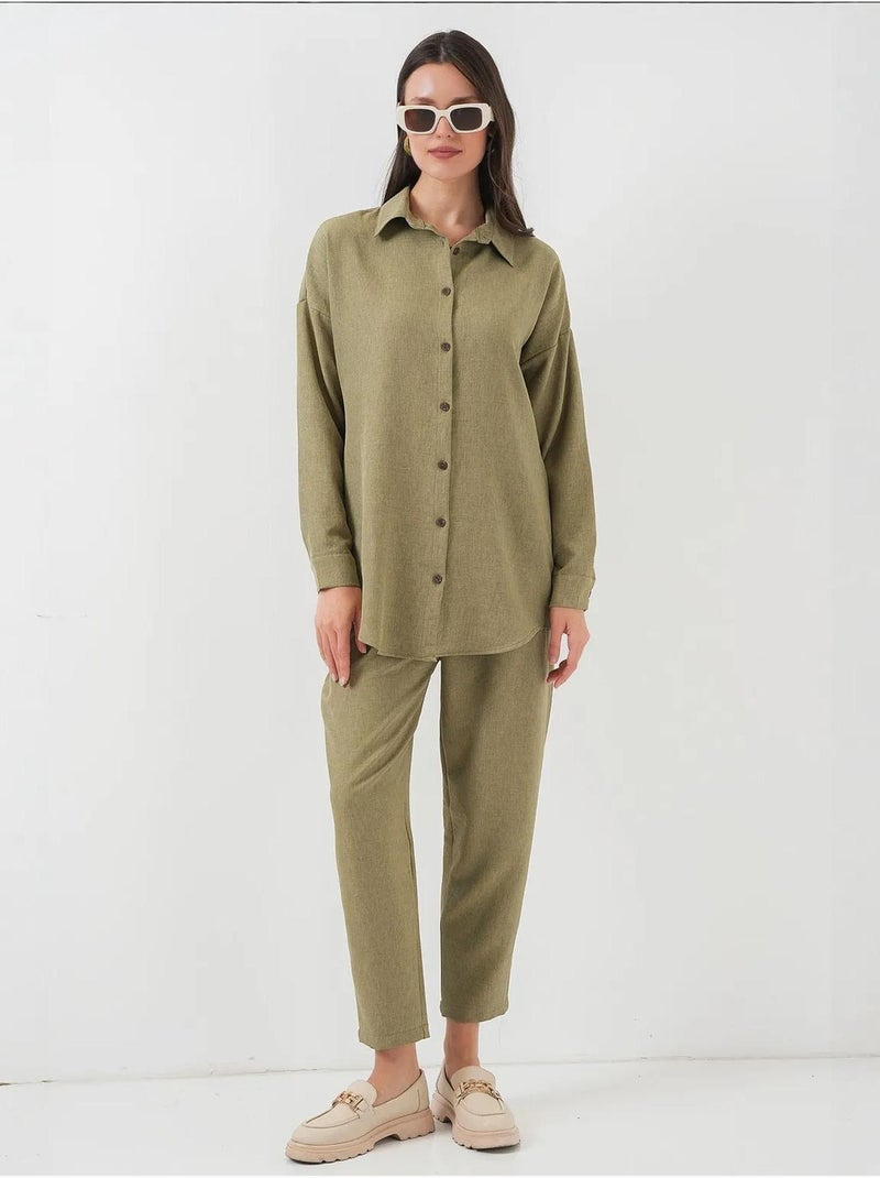 Set coordinato in misto lino con camicia a maniche lunghe e pantaloni bdart Cachi - Kiabi