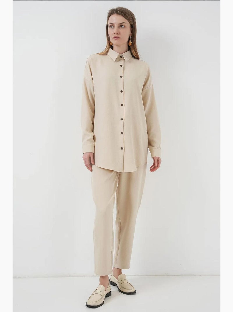 Set coordinato in misto lino con camicia a maniche lunghe e pantaloni bdart Crema - Kiabi