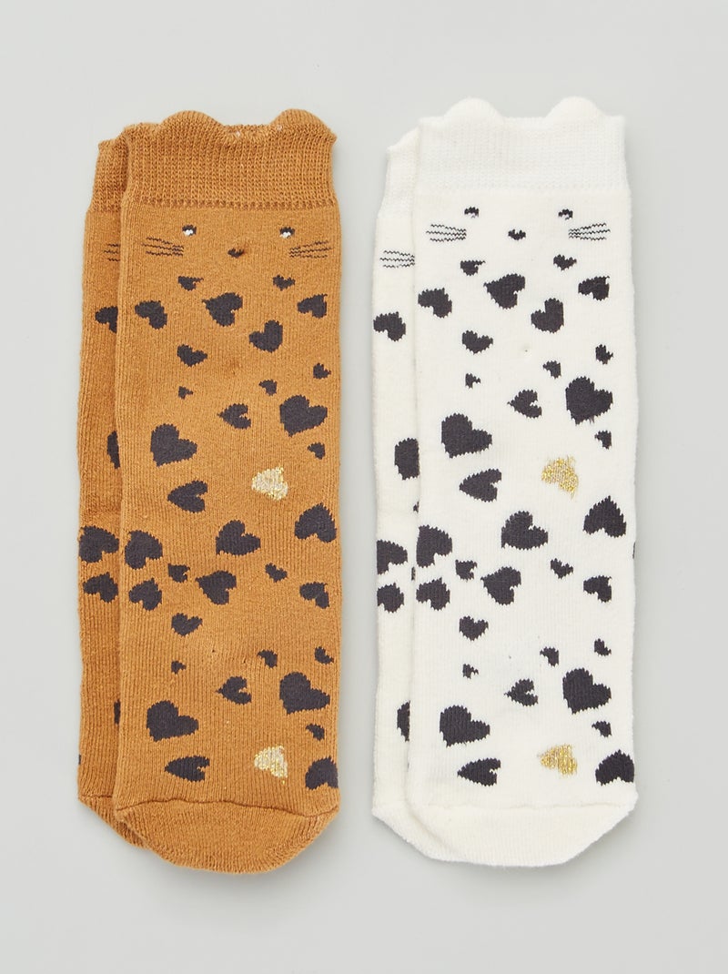 Set di 2 paia di calzini 'cuori' e 'gatto' MARRONE - Kiabi