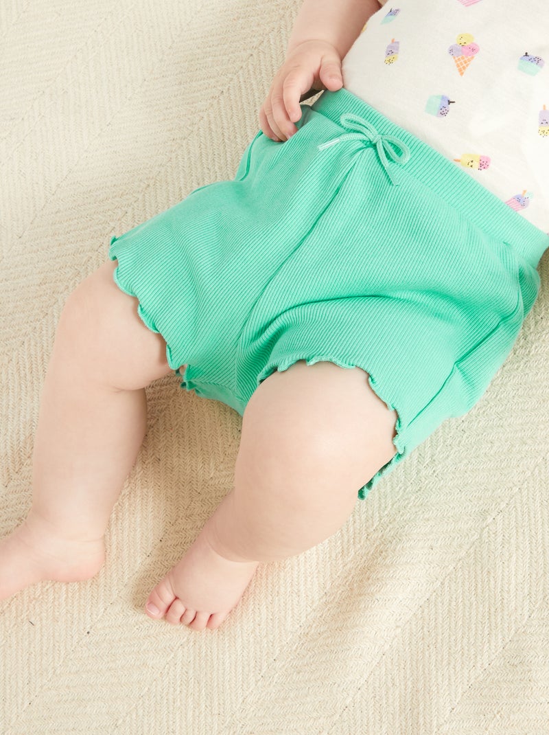 Set di 2 shorts a coste con bordo ondulato verde/rosa - Kiabi
