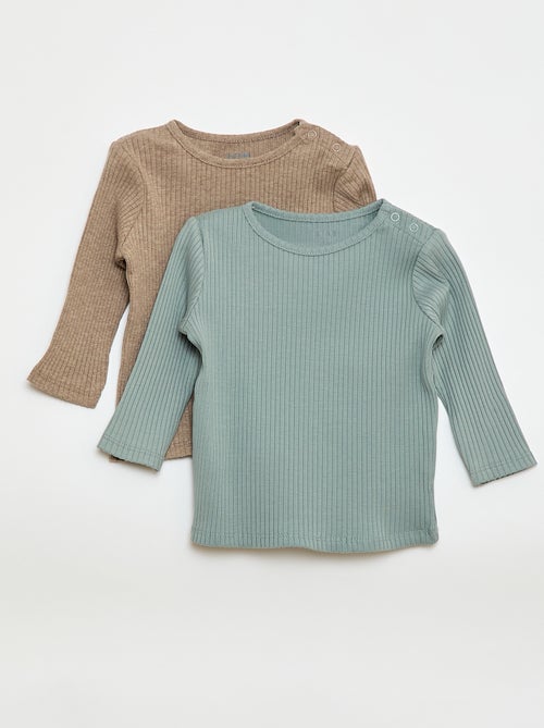 Set di 2 t-shirt tinta unita a coste a maniche lunghe - Kiabi