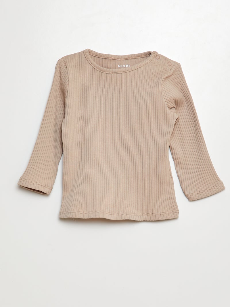 Set di 2 t-shirt tinta unita a coste a maniche lunghe BEIGE - Kiabi