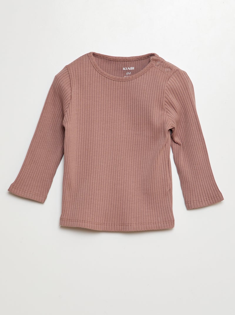 Set di 2 t-shirt tinta unita a coste a maniche lunghe BEIGE - Kiabi