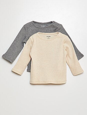 Set di 2 t-shirt tinta unita a coste a maniche lunghe