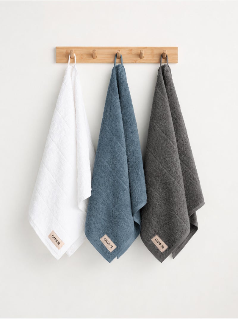 Set di 3 asciugamani viso 100% cotone, colori assortiti, tessuto spugna - Gamusi Bianco Grigio Blu - Kiabi