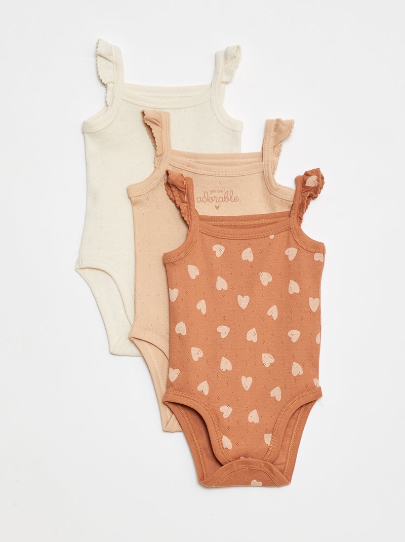 Set di 3 body in maglia pointelle con spalline con volant Beige - Kiabi