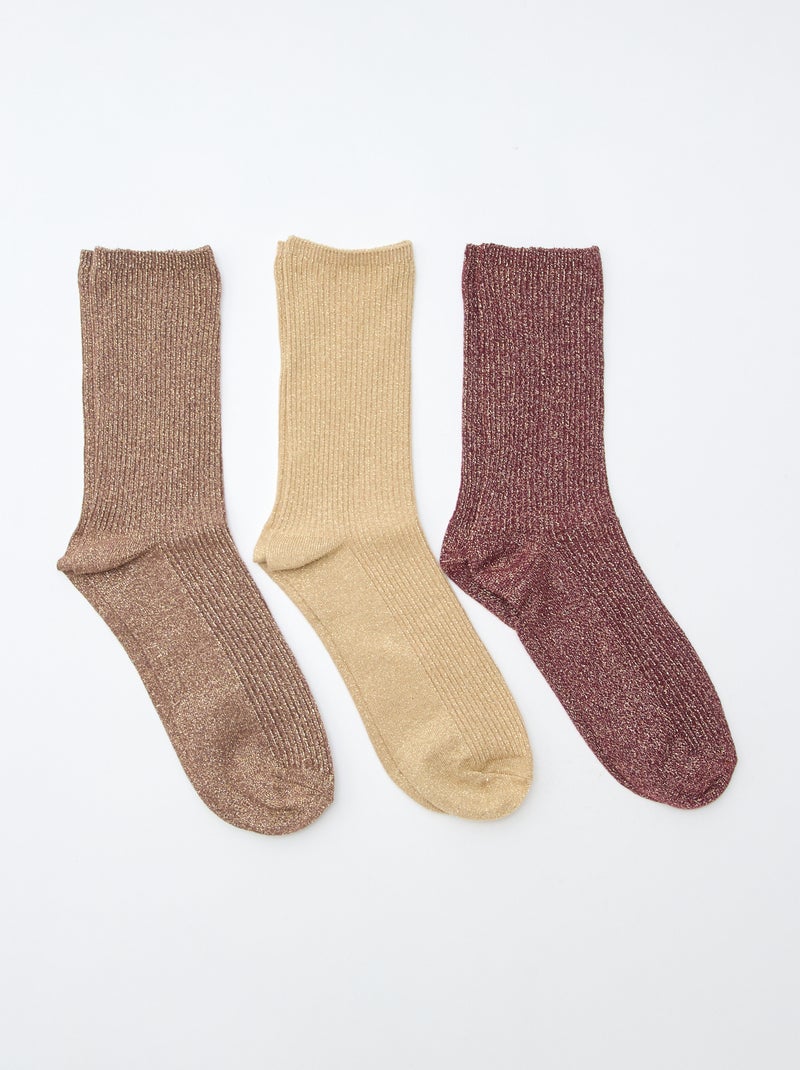 Set di 3 paia di calzini in cotone con paillettes Marrone - Kiabi