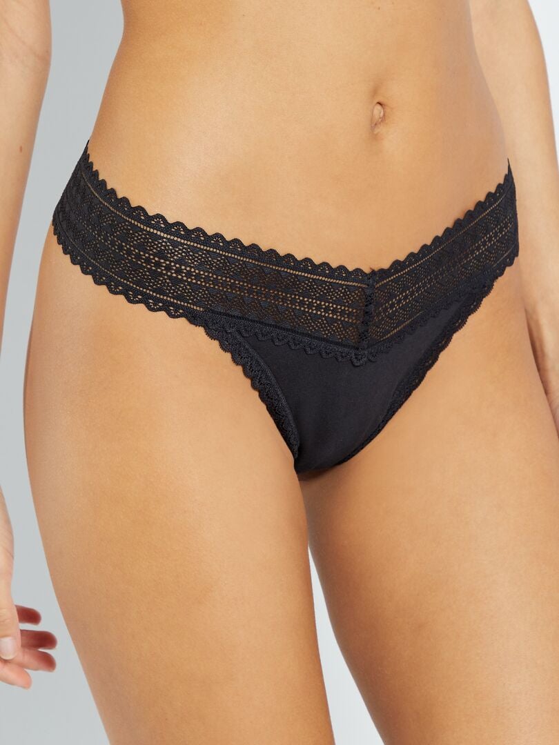 Set di 3 perizomi in cotone e pizzo NERO - Kiabi