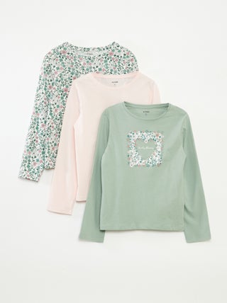 Set di 3 t-shirt a maniche lunghe e scollo tondo