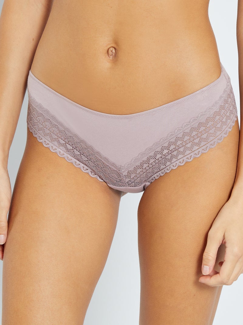 Set di 3 tanga in cotone e pizzo rosa grigio - Kiabi