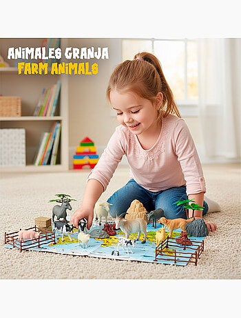 Set di animali da fattoria con tappetino da gioco e accessori, 30 pezzi. Animal world