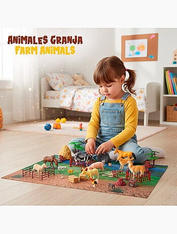 Set di animali da fattoria con tappetino da gioco e accessori, 60 pezzi. Animal world