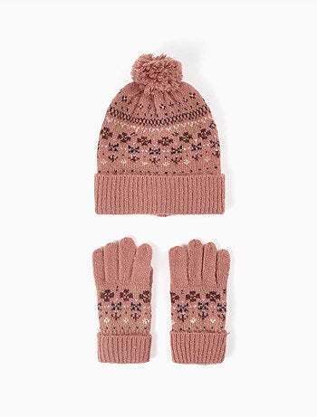 Set di berretto e guanti in maglia con jacquard