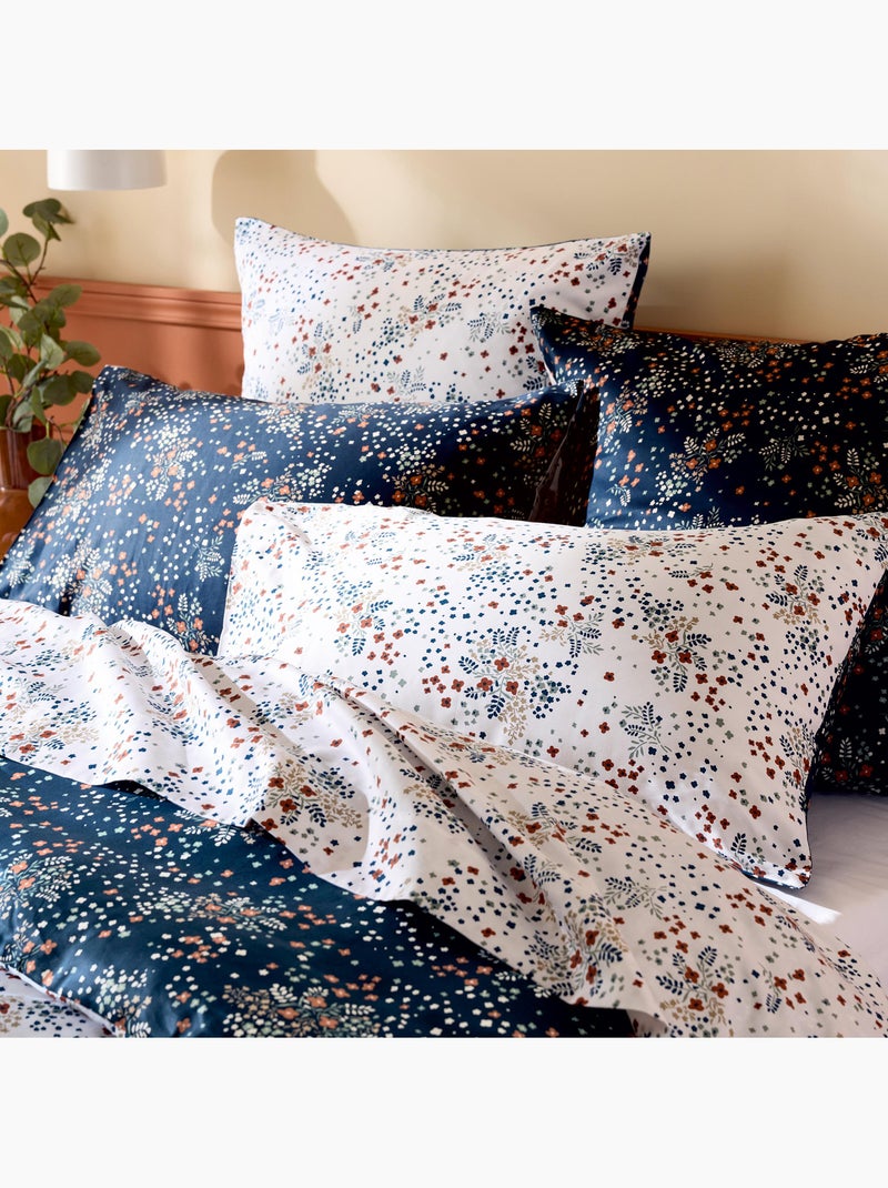 Set di biancheria da letto 3 pezzi in raso di cotone floreale 110 fili + federe Blu marino - Kiabi