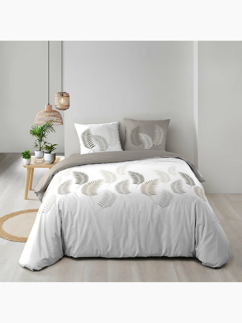 Set di biancheria da letto a 3 pezzi con motivo a fogliame, copertina e federe Beige grigio - Kiabi