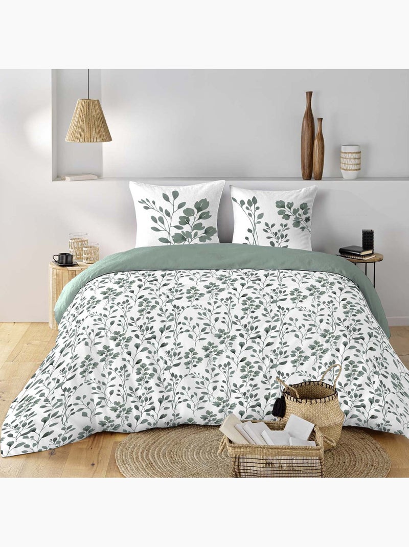 Set di biancheria da letto in cotone 3 pezzi con fodera con motivo a fogliame + federe Verde chiaro - Kiabi