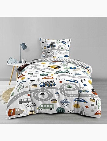 Set di biancheria da letto per bambini in cotone reversibile con motivi di veicoli e strade