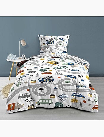 Set di biancheria da letto per bambini in cotone reversibile con motivi di veicoli e strade