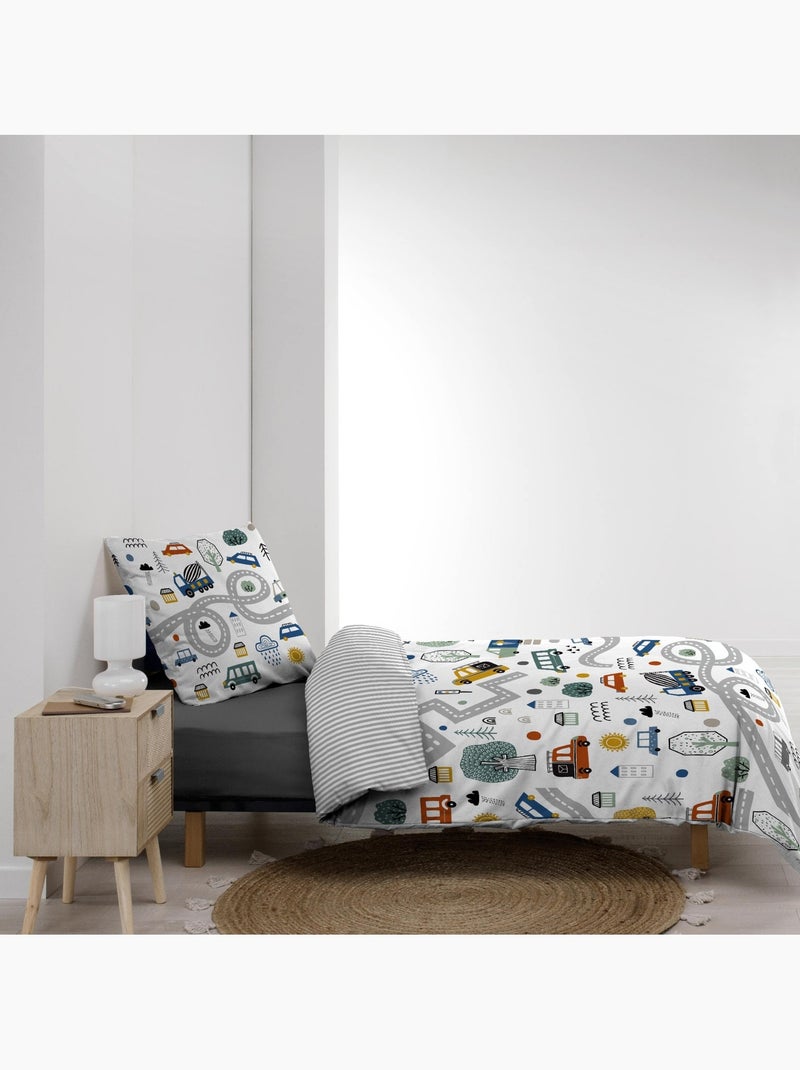 Set di biancheria da letto per bambini in cotone reversibile con motivi di veicoli e strade Grigio - Kiabi