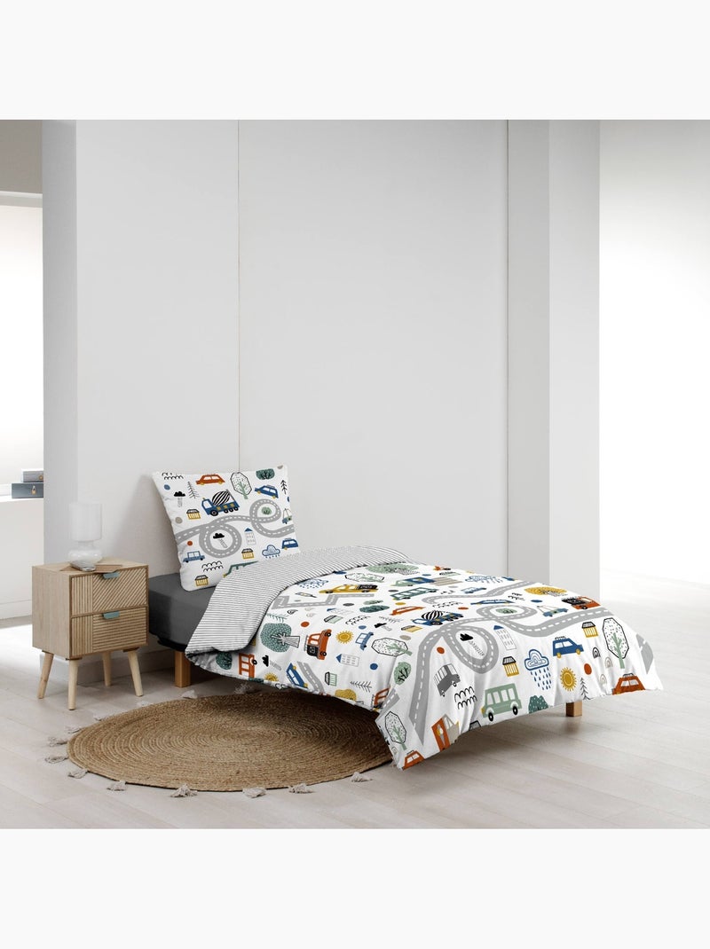 Set di biancheria da letto per bambini in cotone reversibile con motivi di veicoli e strade Grigio - Kiabi