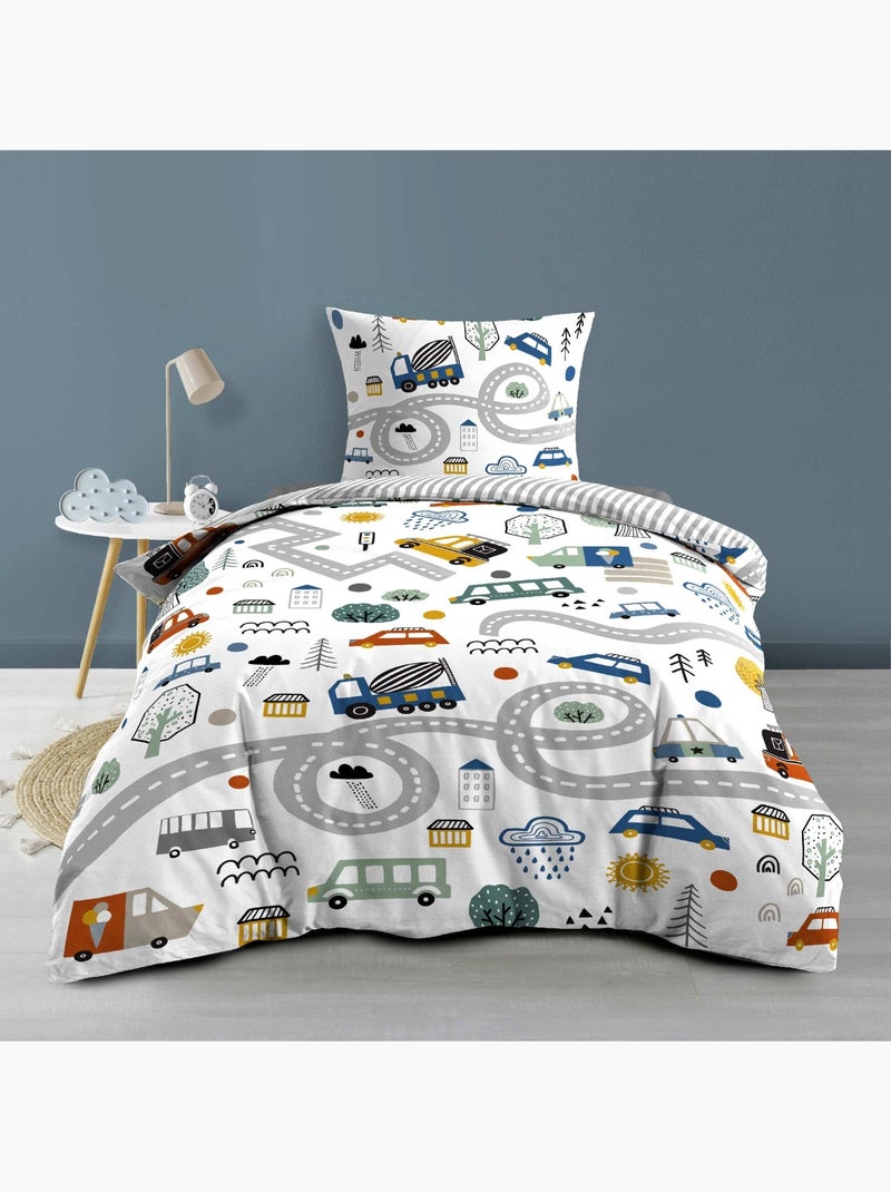 Set di biancheria da letto per bambini in cotone reversibile con motivi di veicoli e strade Grigio - Kiabi