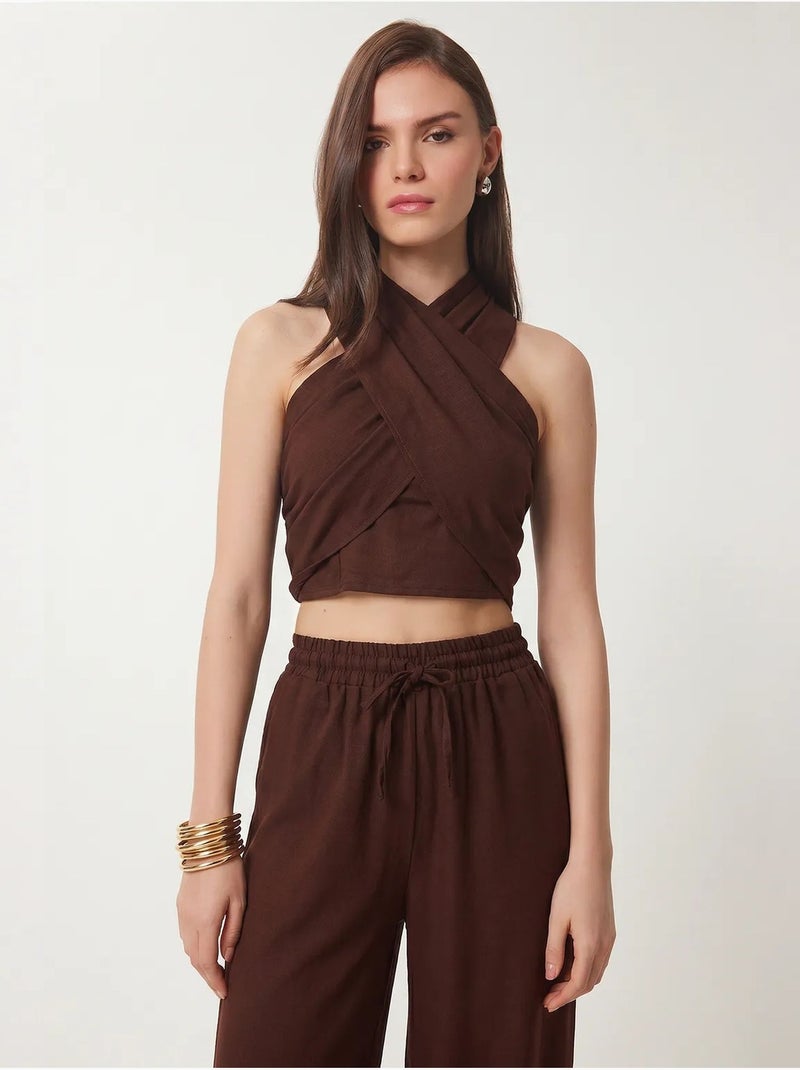 Set di blusa allacciata al collo e pantaloni a gamba larga istanbul Marrone - Kiabi