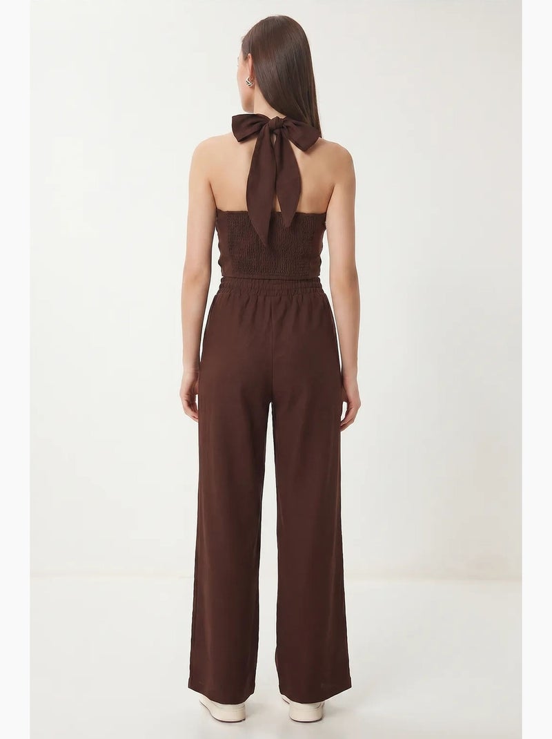 Set di blusa allacciata al collo e pantaloni a gamba larga istanbul Marrone - Kiabi