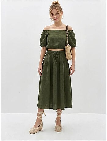 Set di blusa e gonna midi in seersucker di cotone lucci