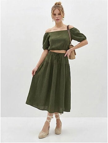 Set di blusa e gonna midi in seersucker di cotone lucci