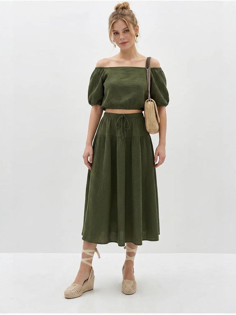 Set di blusa e gonna midi in seersucker di cotone lucci Cachi - Kiabi