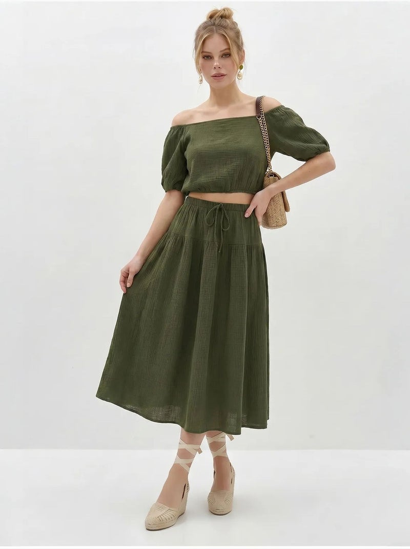 Set di blusa e gonna midi in seersucker di cotone lucci Cachi - Kiabi