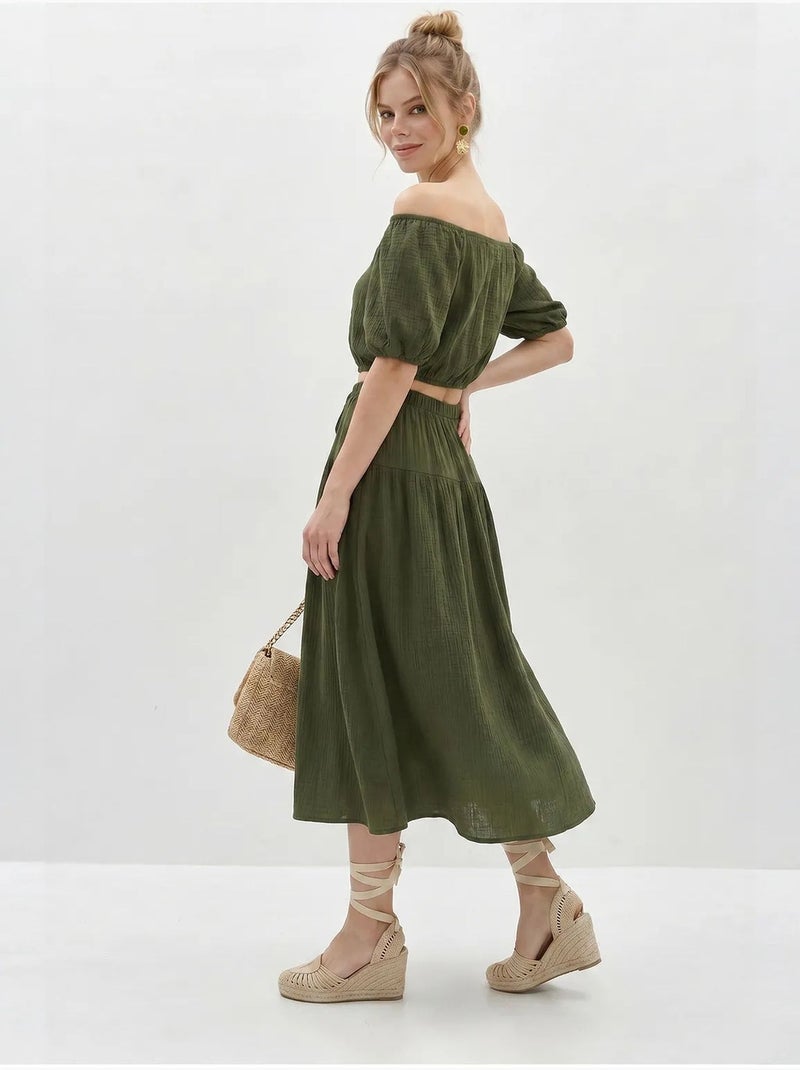 Set di blusa e gonna midi in seersucker di cotone lucci Cachi - Kiabi