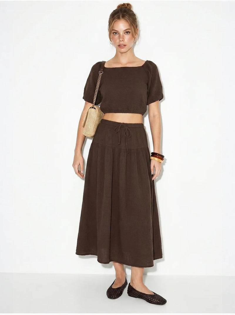 Set di blusa e gonna midi in seersucker di cotone lucci Marrone - Kiabi