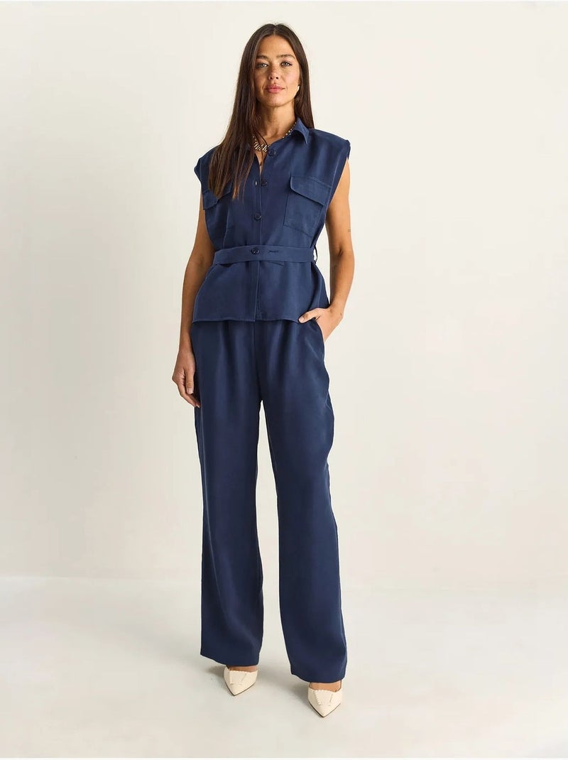 Set di blusa senza maniche con cintura e pantaloni a gamba ampia lucci Blu marino - Kiabi