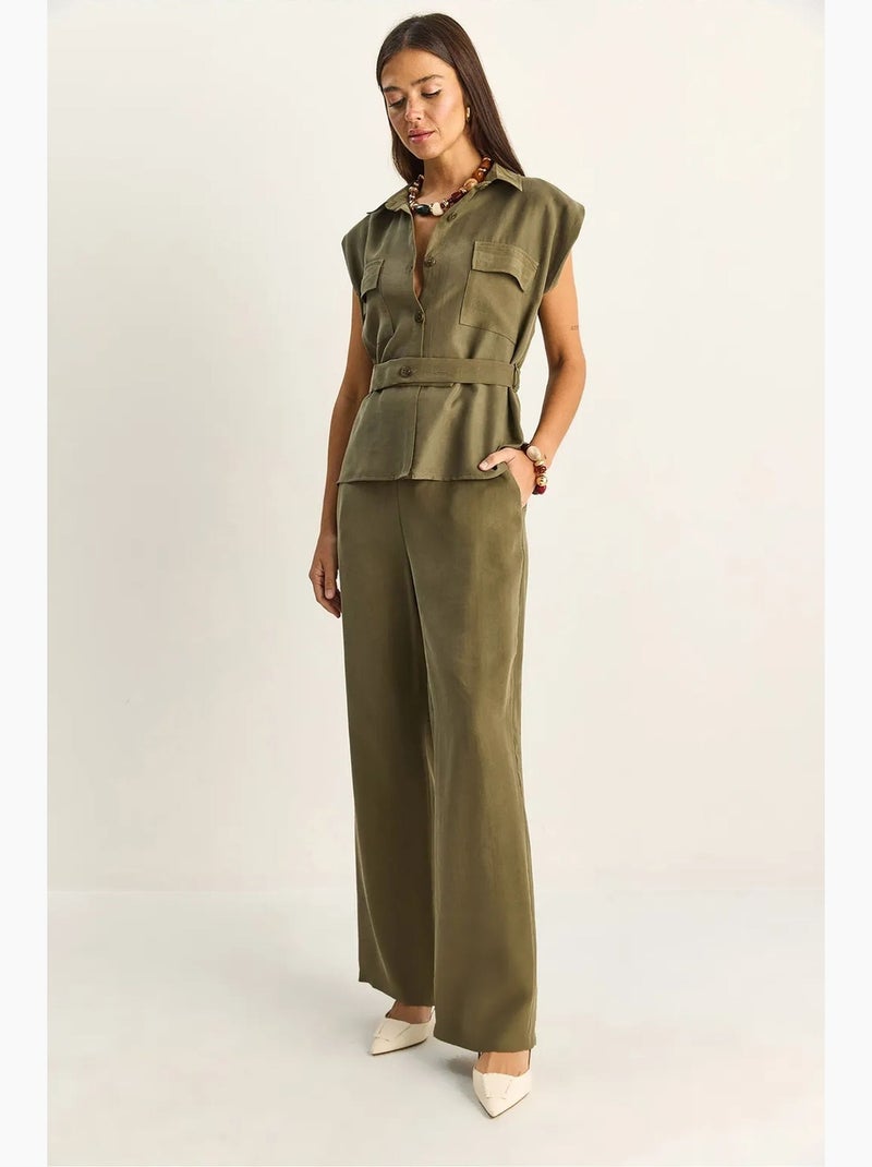 Set di blusa senza maniche con cintura e pantaloni a gamba ampia lucci Cachi - Kiabi
