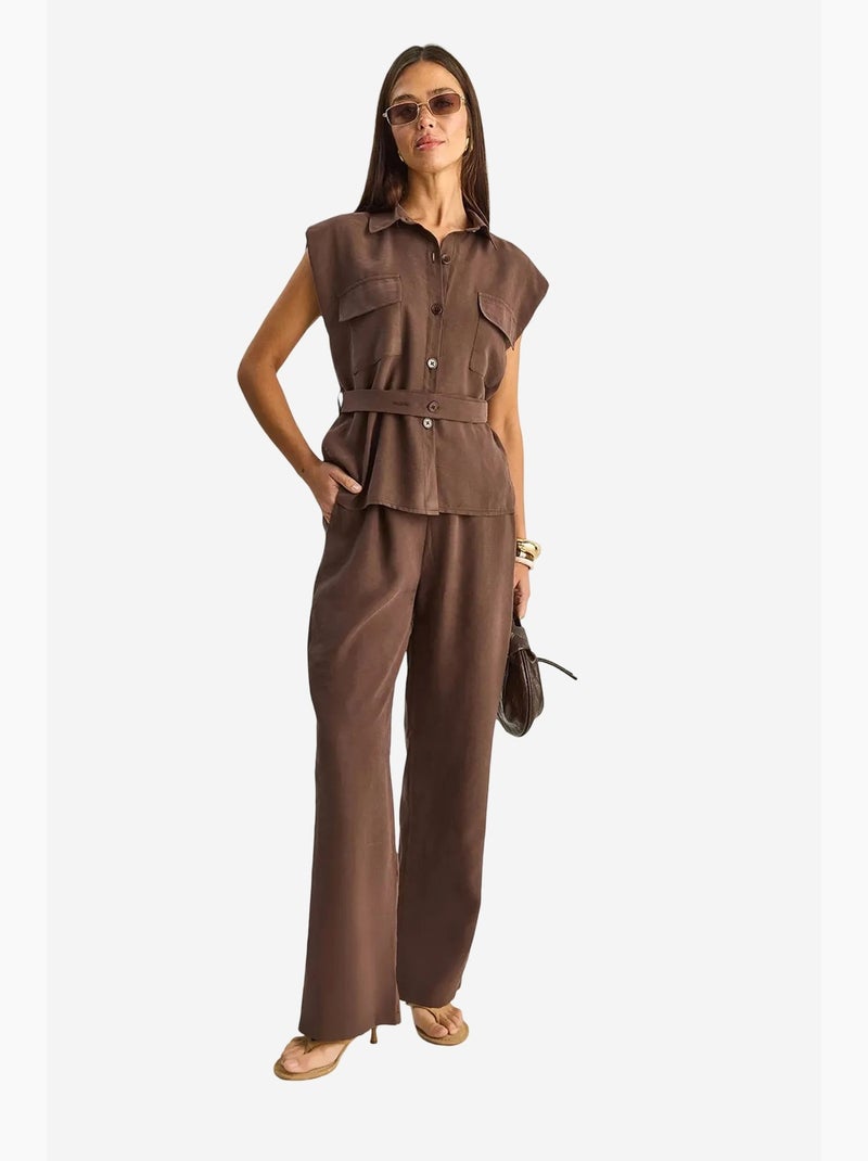 Set di blusa senza maniche con cintura e pantaloni a gamba ampia lucci Marrone chiaro - Kiabi