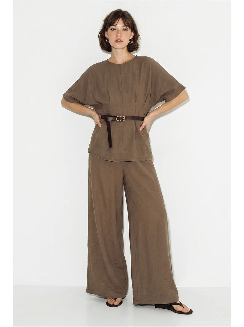Set di camicetta in viscosa-lino e pantaloni a gamba ampia lucci Marrone - Kiabi