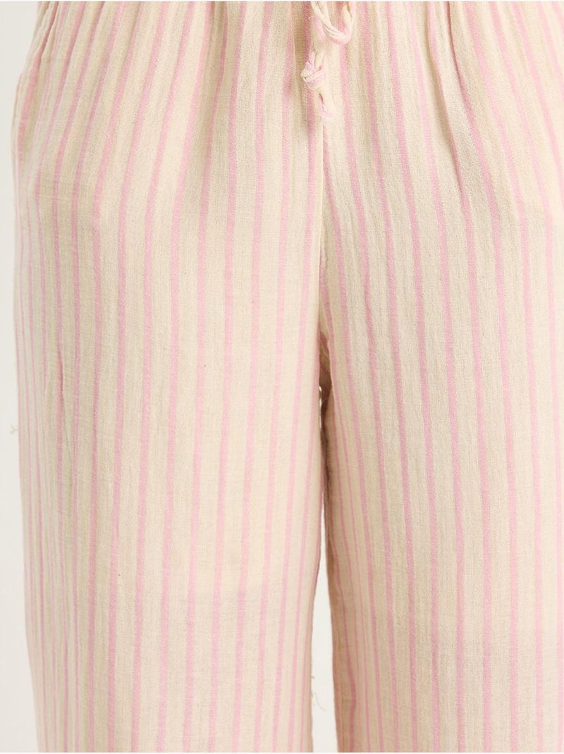 Set due pezzi a righe con scollo a v, bottoni, vita alta e gamba ampia lucci Rosa chiaro - Kiabi