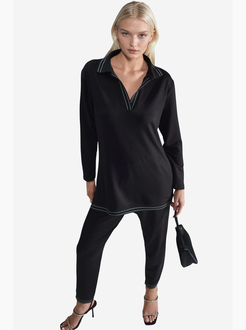 Set due pezzi con colletto polo e dettaglio a righe hiccup Nero - Kiabi