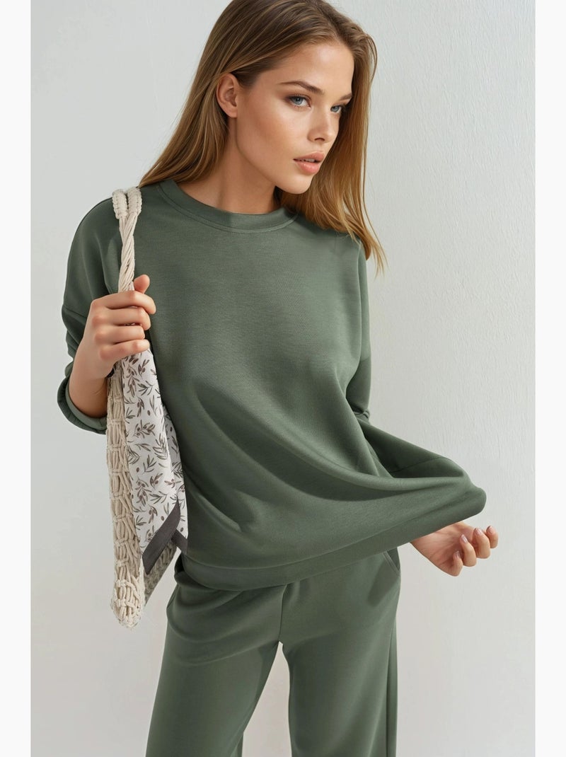 Set due pezzi con felpa girocollo modal touch e pantaloni a gamba ampia hiccup Cachi - Kiabi