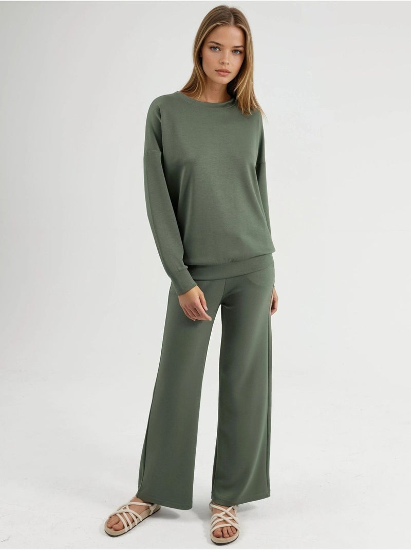 Set due pezzi con felpa girocollo modal touch e pantaloni a gamba ampia hiccup Cachi - Kiabi