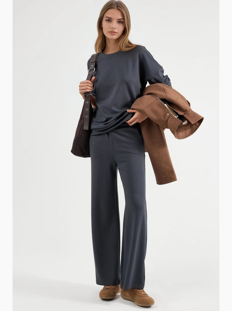 Set due pezzi con felpa girocollo modal touch e pantaloni a gamba ampia hiccup Grigio nero - Kiabi