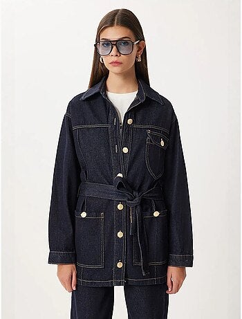 Set due pezzi con giacca in denim con cintura e pantaloni a gamba ampia istanbul