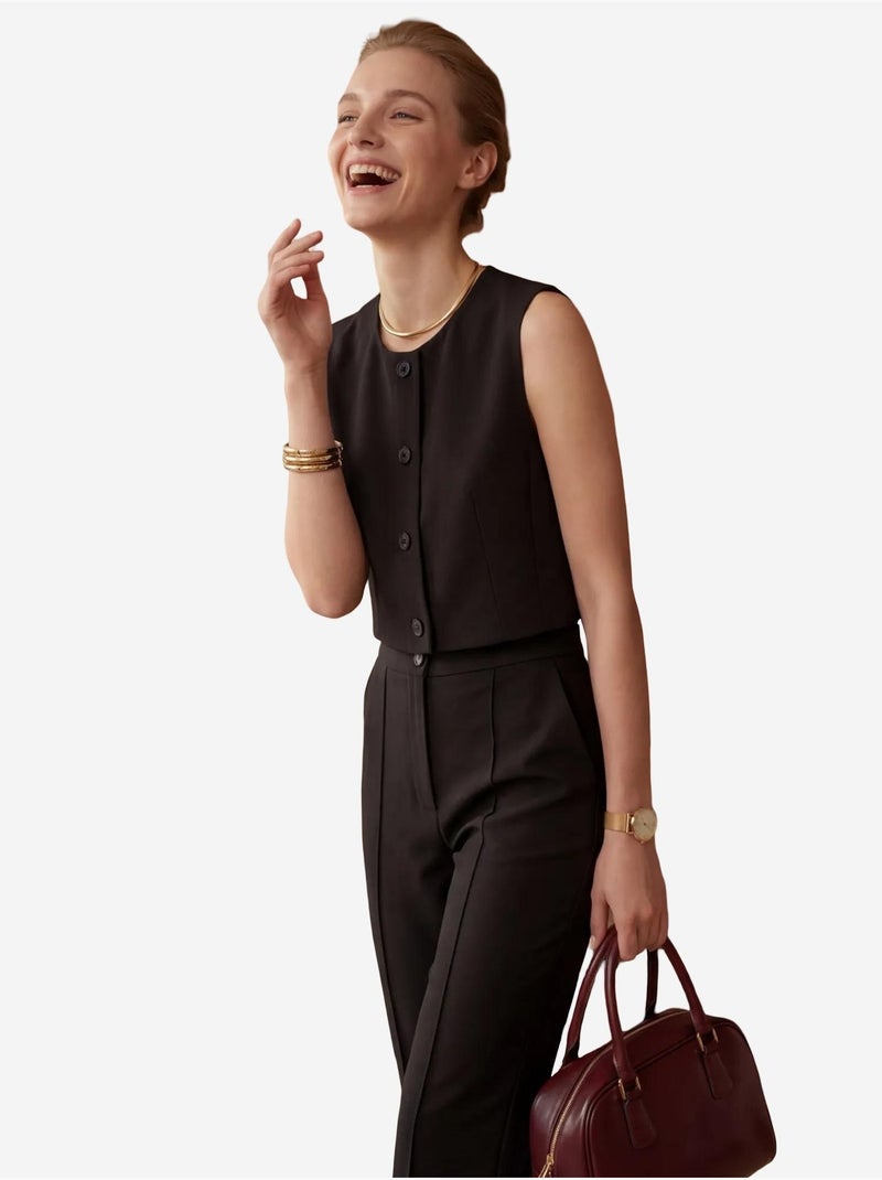 Set due pezzi con gilet crop girocollo e pantaloni a vita alta my fashion Nero - Kiabi