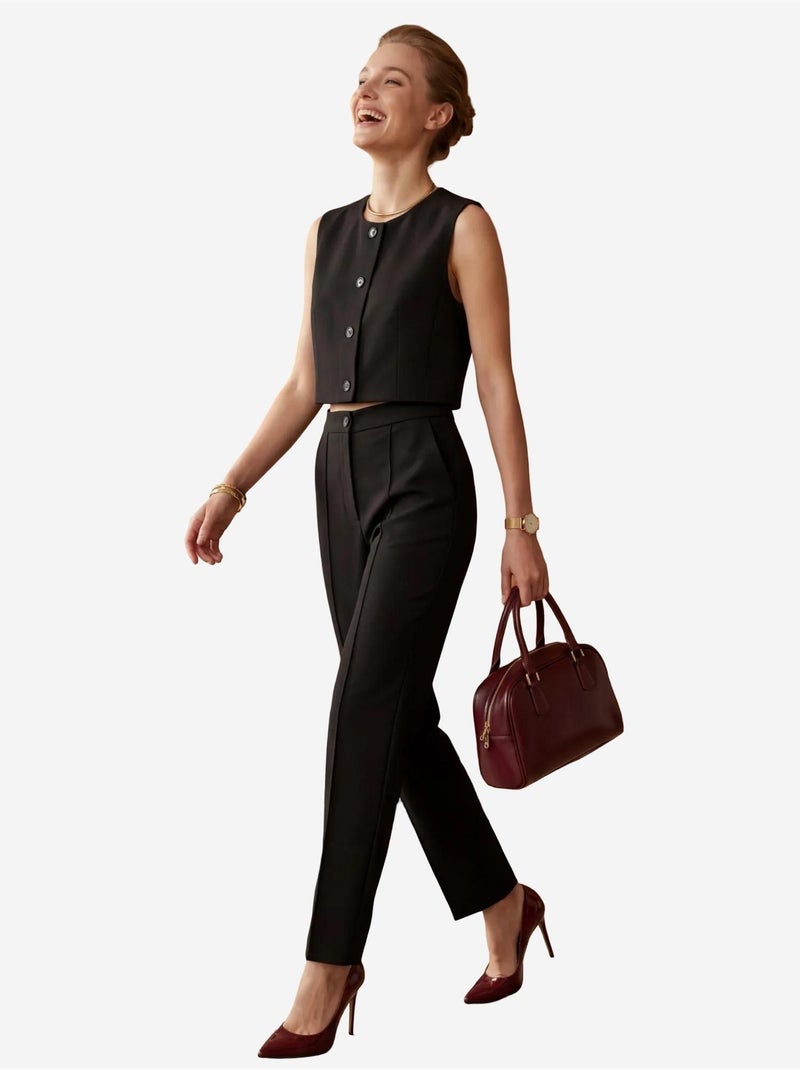 Set due pezzi con gilet crop girocollo e pantaloni a vita alta my fashion Nero - Kiabi