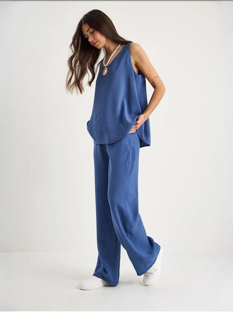 Set due pezzi in cotone con blusa scollo a v e pantaloni lucci Blu zaffiro - Kiabi