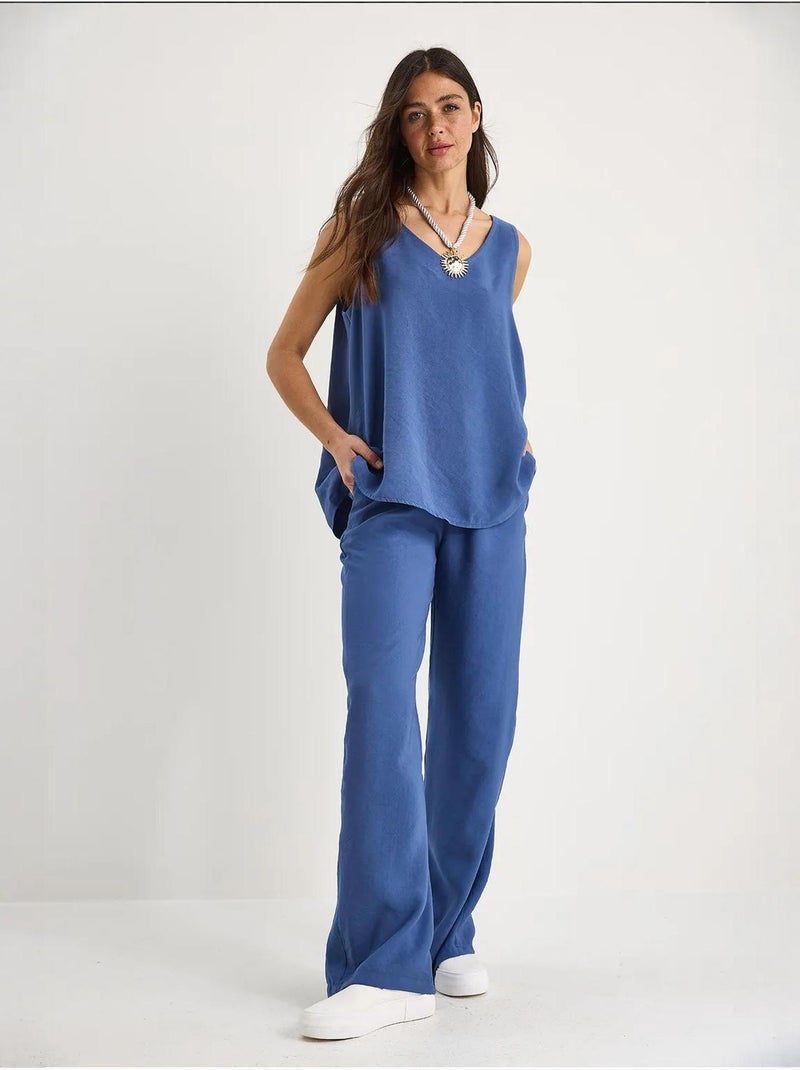 Set due pezzi in cotone con blusa scollo a v e pantaloni lucci Blu zaffiro - Kiabi