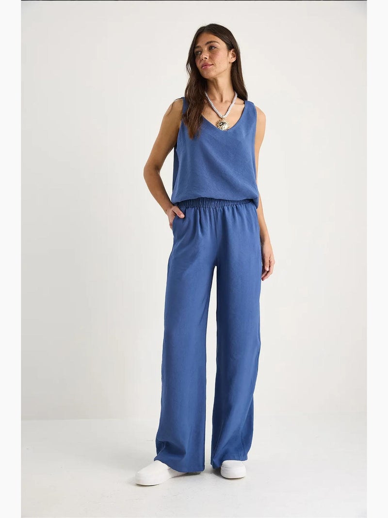 Set due pezzi in cotone con blusa scollo a v e pantaloni lucci Blu zaffiro - Kiabi