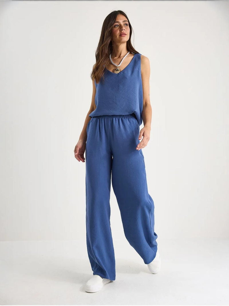 Set due pezzi in cotone con blusa scollo a v e pantaloni lucci Blu zaffiro - Kiabi
